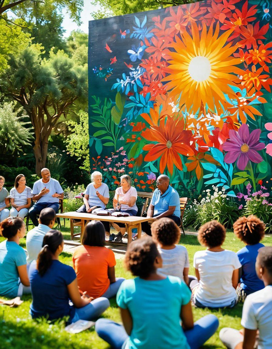 A heartwarming scene of diverse survivors sharing their inspirational stories in a sunlit park, surrounded by blooming flowers and lush greenery. One person is telling their story while others listen intently, their faces glowing with hope and resilience. In the background, a vibrant mural depicting symbols of strength and wellness adds a touch of artistic flair. soft focus. vibrant colors. warm and inviting atmosphere.