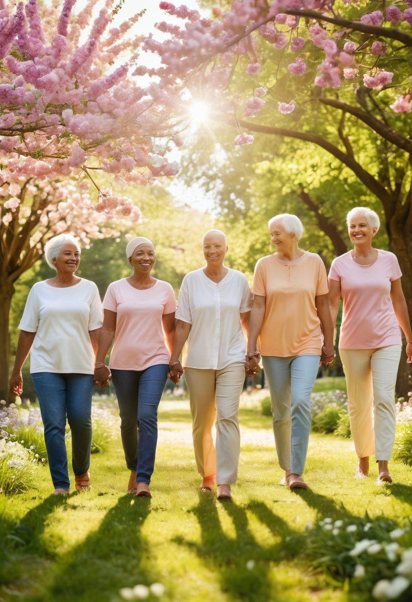 A serene and uplifting scene of a diverse group of cancer survivors celebrating together in a sunlit park, holding hands and smiling, surrounded by blooming flowers and soft sunlight filtering through trees. In the background, a path symbolizes the journey of treatment and survivorship. The atmosphere conveys hope, resilience, and community. vibrant colors. natural setting. soft focus.
